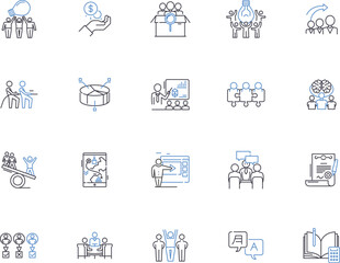 community development outline icons collection. Community, Development, Planning, Infrastructure, Social, Growth, Services vector and illustration concept set. Engagement, Inclusion, Programs linear