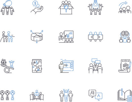 community development outline icons collection. Community, Development, Planning, Infrastructure, Social, Growth, Services vector and illustration concept set. Engagement, Inclusion, Programs linear