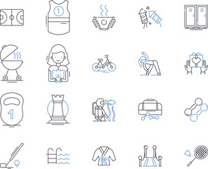 Weekends and sport outline icons collection. Weekend, Sport, Recreation, Leisure, Play, Games, Athletics vector and illustration concept set. Activities, Outdoors, Hunt linear signs