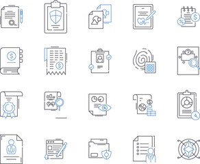 law agency outline icons collection. Law Firm, Lawyer, Practice, Attorney, Solicitors, Barristers, Chambers vector and illustration concept set. Counsel, Prosecution, Jurisprudence linear signs