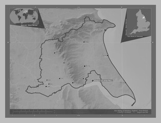 East Riding of Yorkshire, England - Great Britain. Grayscale. Labelled points of cities