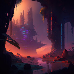 Fantasy city in cyberpunk style. Unearthly landscape in purple tones created with Generative AI technology.
