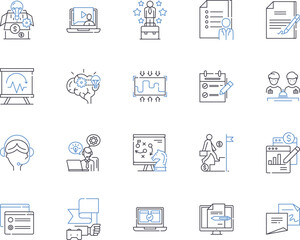 Marketing management outline icons collection. Marketing, Management, Strategy, Planning, Creative, Promotion, Lead-Generation vector and illustration concept set. Research, Analysis, Audience linear
