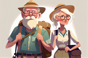 A happy senior couple traveling with backpacks. Smiling attractive elderly people enjoying freedom vacation travel