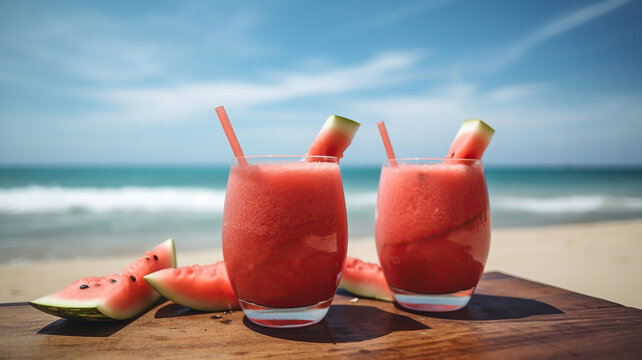 Watermelon drink in glasses with slices of watermelon wooden table and tropical beach. Generative Ai