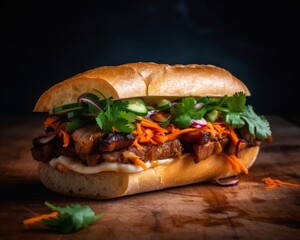 banh mi with crispy pork belly and a smear of spicy mayo