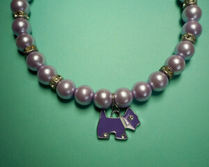 close elegant necklace for dogs made of purple beads and pendants in the shape of a purple dog with rhinestones lies on a green background.  view from above .  dog accessories