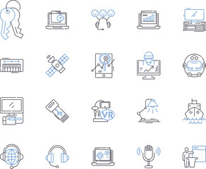 Electronic industry outline icons collection. electronics, industry, electronic, consumer, devices, manufacturing, technology vector and illustration concept set. components,LED,communication linear