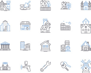 Construction design outline icons collection. Architecture, Drafting, Plans, Layout, Building, Infrastructure, Materials vector and illustration concept set. Structural, CAD, Site linear signs