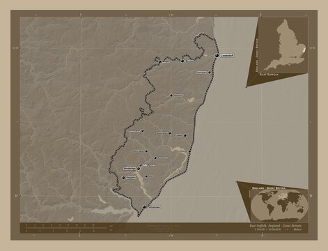 East Suffolk, England - Great Britain. Sepia. Labelled points of cities