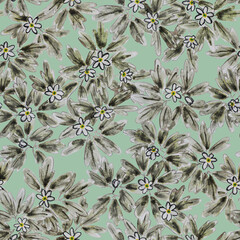 Seamless pattern with primroses anemone. Spring forest flowers and leaves on a green background. Watercolor in asian style
