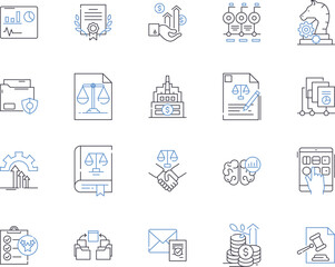 International law outline icons collection. International, law, treaties, sovereignty, nationality, jurisdiction, boundaries vector and illustration concept set. trade, maritime, arbitration linear - obrazy, fototapety, plakaty