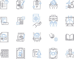 Insurance and laegal outline icons collection. Insurance, Legal, Coverage, Claims, Liability, Risk, Compliance vector and illustration concept set. Contract, Lawyer, Litigation linear signs