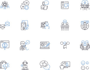 Speech outline icons collection. Speaking, Oratory, Reciting, Rhetoric, Elocution, Pronunciation, Vocalizing vector and illustration concept set. Intonation, Invective, Utterance linear signs