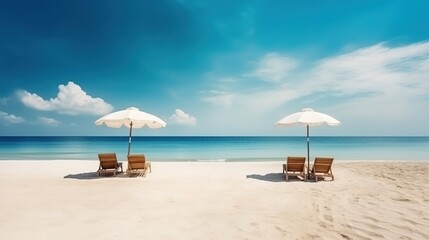 Fototapeta na wymiar Playa con vistas al océano y silla con sombrilla - generative ia