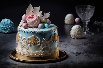 Elegant birthday cake with icing and decorations. Generative Ai