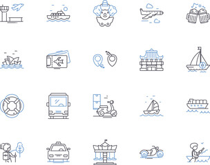 Travel and entertainment outline icons collection. Tourism, Vacation, Leisure, Cruise, Adventure, Sightseeing, Amusement vector and illustration concept set. Entertainment, Exploration, Airfare linear