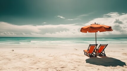 Playa con vistas al océano y silla con sombrilla - generative ia