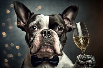 French bulldog holding a glass of champagne. Generative Ai