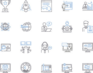 Corporation department outline icons collection. Corporate, Department, Finance, Accounting, Human Resources, Legal, Technical vector and illustration concept set. Marketing, Operations, Sales linear