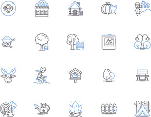 Village outline icons collection. Village, settlement, hamlet, township, rural, homestead, suburban vector and illustration concept set. countryside, town, populace linear signs