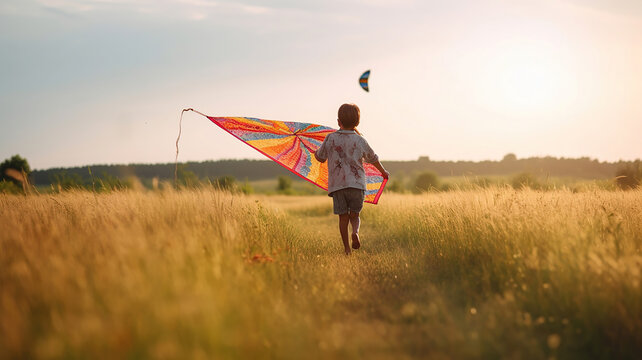 happy child with a kite running on meadow in summer in nature. Generative Ai