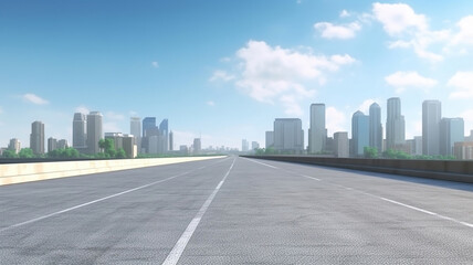 Empty asphalt road and city skyline with buildings. Generative Ai
