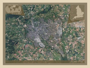 Exeter, England - Great Britain. High-res satellite. Labelled points of cities