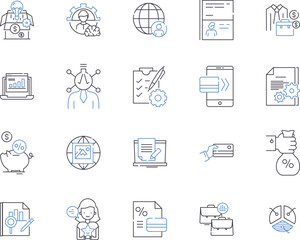 Finance and money outline icons collection. Money, Finance, Banking, Investment, Credit, Debt, Interest vector and illustration concept set. Tax, Earnings, Cryptocurrency linear signs