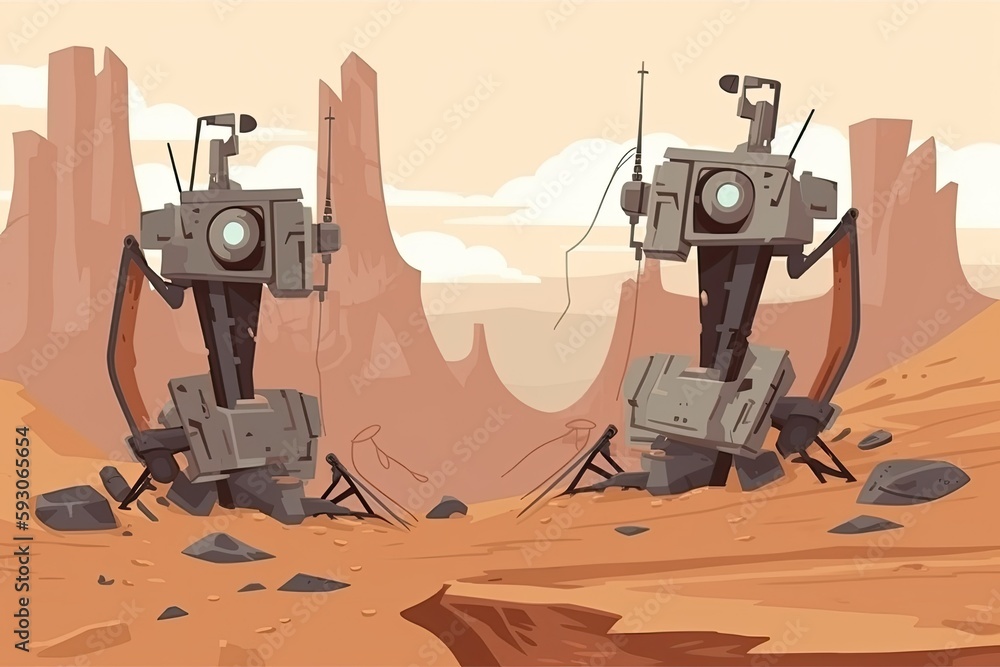 Poster two robots standing in a barren landscape. generative ai