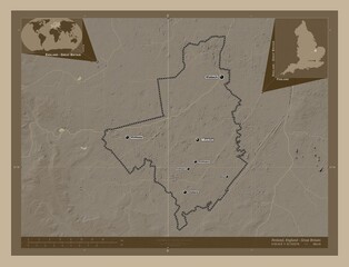 Fenland, England - Great Britain. Sepia. Labelled points of cities