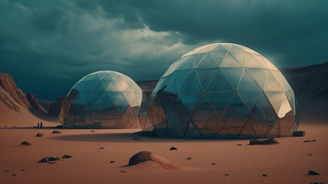 Explore Martian Colony, terraforming, Moon Dome City, geodesic domes on Mars. 3D renderings of glass huts in the dusk. Metal and glass geodesic dome houses. Ai generated Geodesic bubbles 