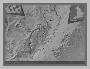 Forest of Dean, England - Great Britain. Grayscale. Labelled points of cities