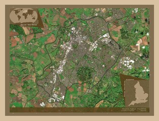 Gloucester, England - Great Britain. Low-res satellite. Labelled points of cities