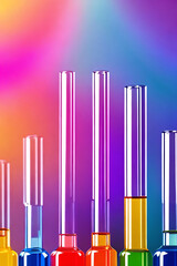 Vials of multicolored fluids in a laboratory setting. Discovery, progress, research concept created with generative AI.