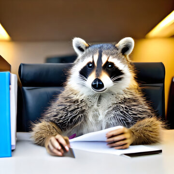 A raccoon wearing is interviewing a candidate in a modern office. Funny business, job opportunities, work concept created with generative AI.