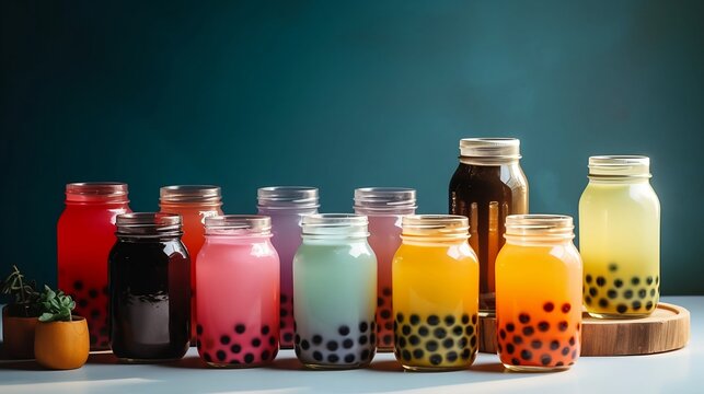 Bottles of bubba tea drinks next to a flower in a teal dark background