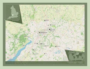 Gloucestershire, England - Great Britain. OSM. Labelled points of cities