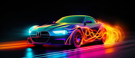 Obraz na płótnie Canvas generative ai illustration of a speed driving car in glowing neon colors