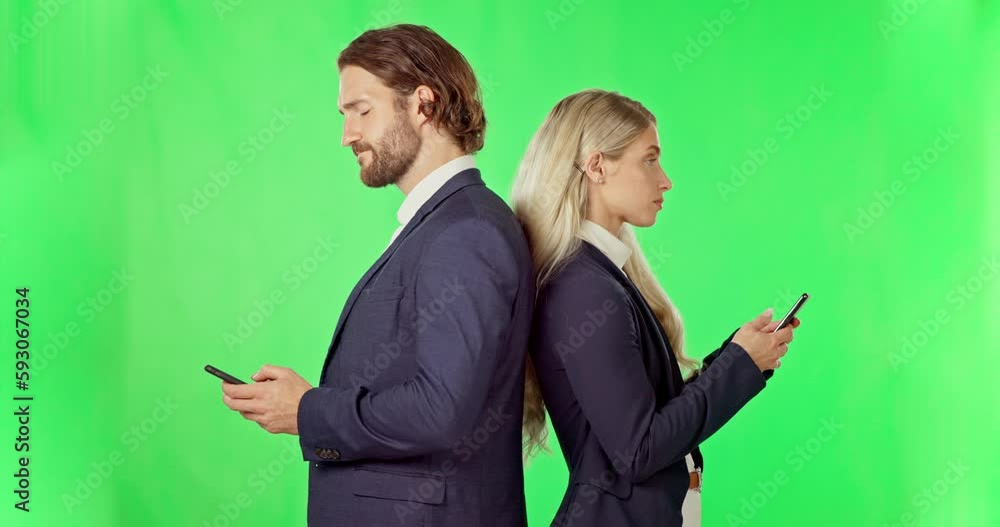 Poster phone, business people and standing on green screen with back in studio isolated on a background moc