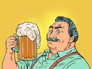 Excellent alcohol. Quality beer with lots of foam. A man with a mustache is holding a glass of beer. Pop Art Retro - 593067054