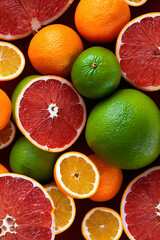 Vibrant top view of exotic citrus fruits and green leaves. Juicy yellow and orange colors, with refreshing green accents. Summer, natural, lush concept created with generative AI.