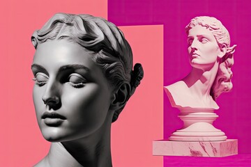 Collage with female picture, statue, and plaster head model isolated on pink background. Insert your text in the void. modern style. contemporary collage art that is vibrant and vivid. Generative AI