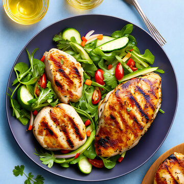 Grilled chicken breast fillet served with fresh vegetable salad. Healthy food, diet, nutrition concept created with generative AI.