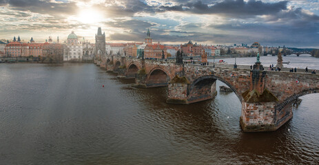 Scenic spring panoramic aerial view of the Old Town pier architecture and Charles Bridge over Vltava river in Prague, Czech Republic