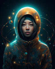 Fototapeta na wymiar Portrait of dreamy oriental wizard, woman in abstract starry night with futuristic fantasy clothes with hood. Ai space fiction art. Space journey, scifi concept. witch explorer of the magic cosmos