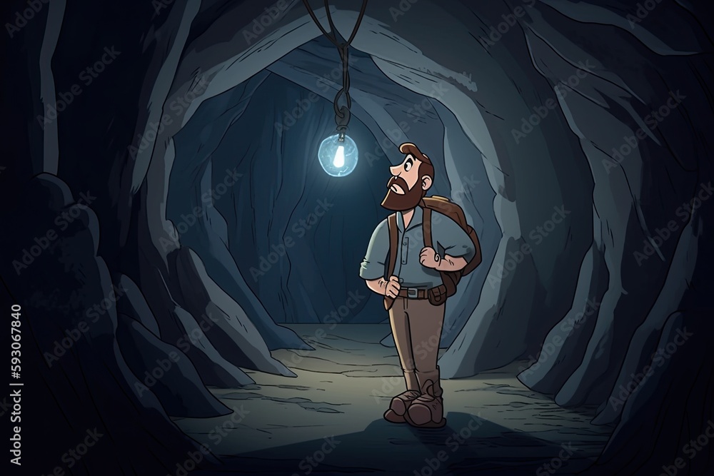 Poster man standing in a dimly lit cave with a single light bulb hanging from the ceiling. generative ai