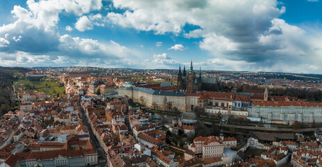 Prague Castle and Saint Vitus Cathedral, Czech Republic. Panoramic view. Rooftop view over historical center of Prague, Czech republic, EU.