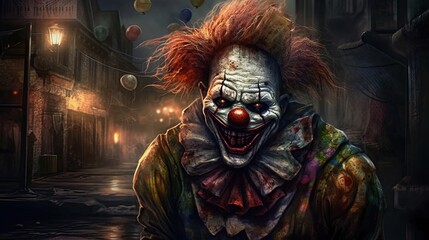 Horror clown and creapy funfair or circus. Generative AI
