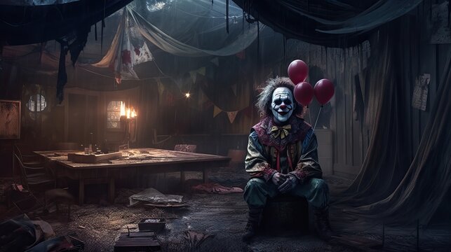 Horror clown and creapy funfair or circus. Generative AI

